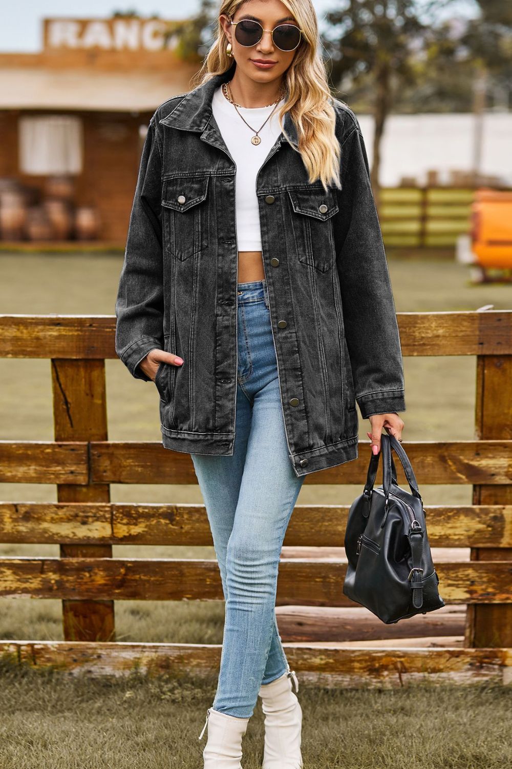 Buttoned Collared Neck Denim Jacket with Pockets - cas7m