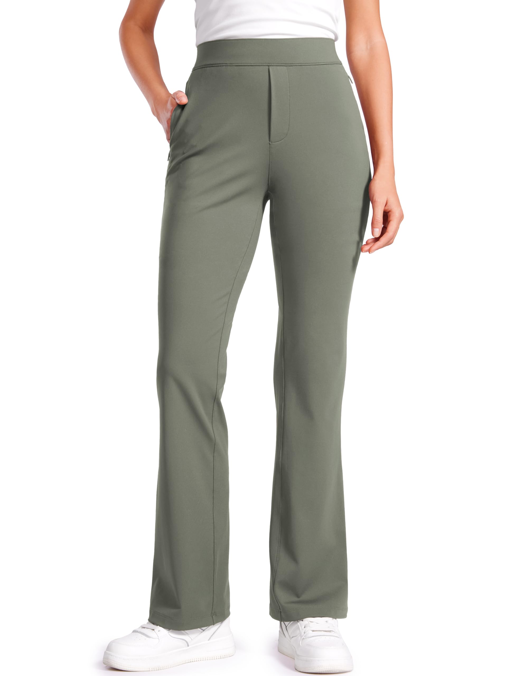 CRZ YOGA 4-Way Stretch Flare Womens Pants Tall 31" Dress Work Casual High Waisted Lounge Pants with Zip Pockets Grey Sage XX-Small