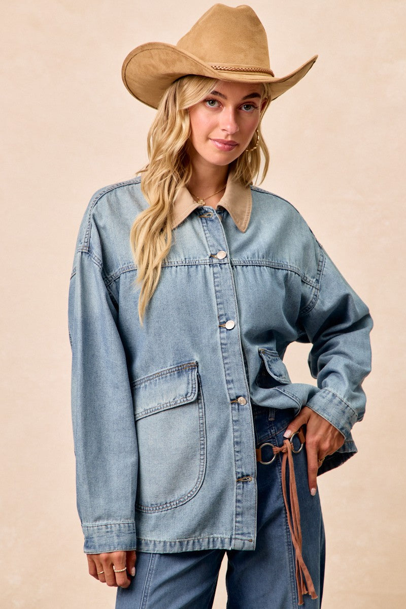 BiBi Washed Denim Jacket with Contrast Collar Detail - cas7m