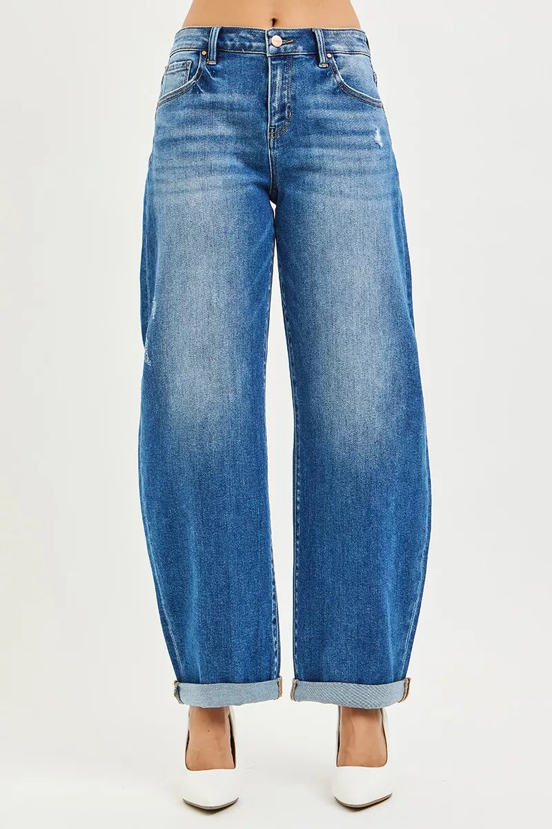 RISEN Full Size Mid Rise Barrel Double Roll Up Jeans Plus Size - cas7m