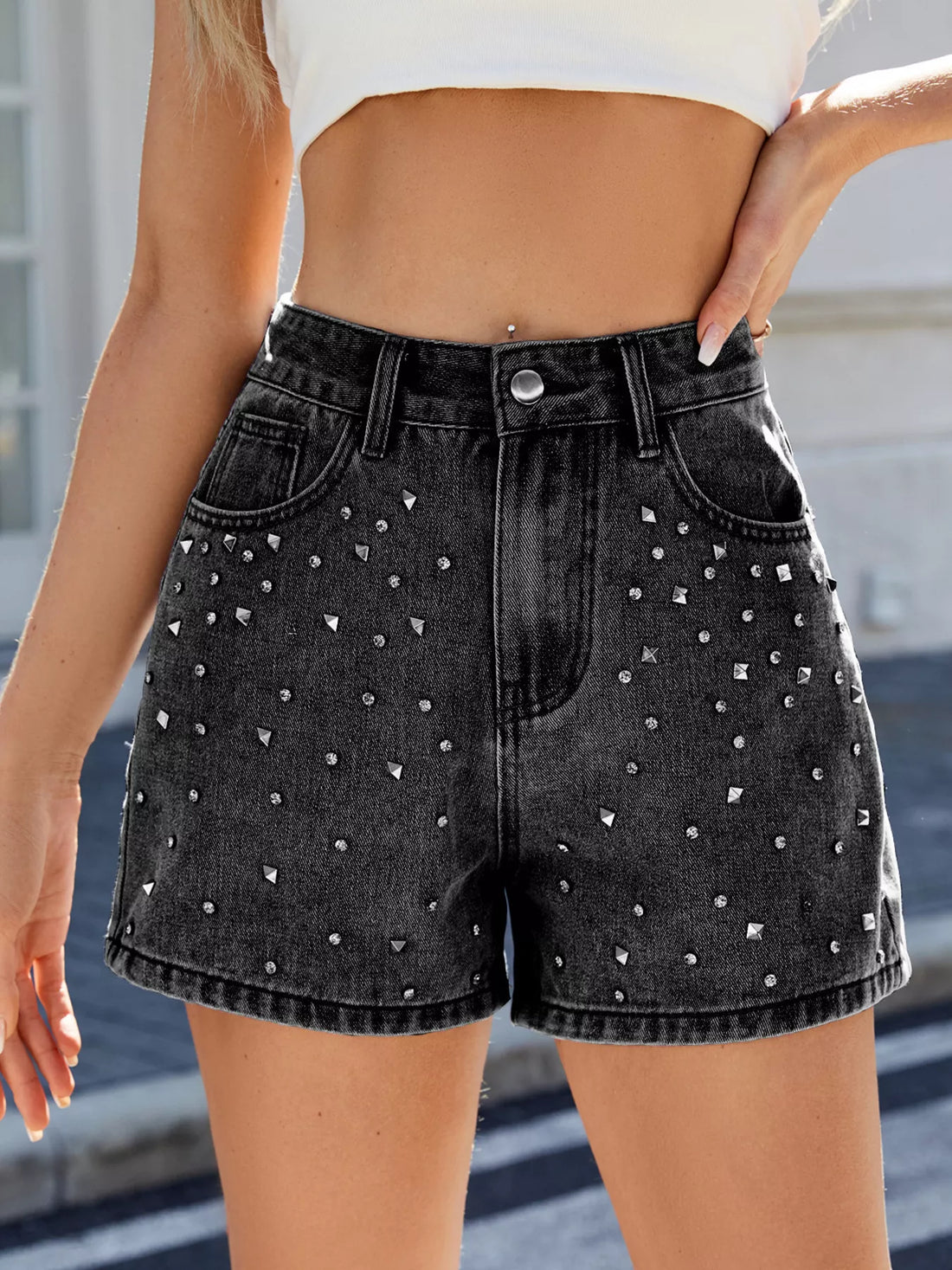 Studded High Waist Denim Shorts - cas7m