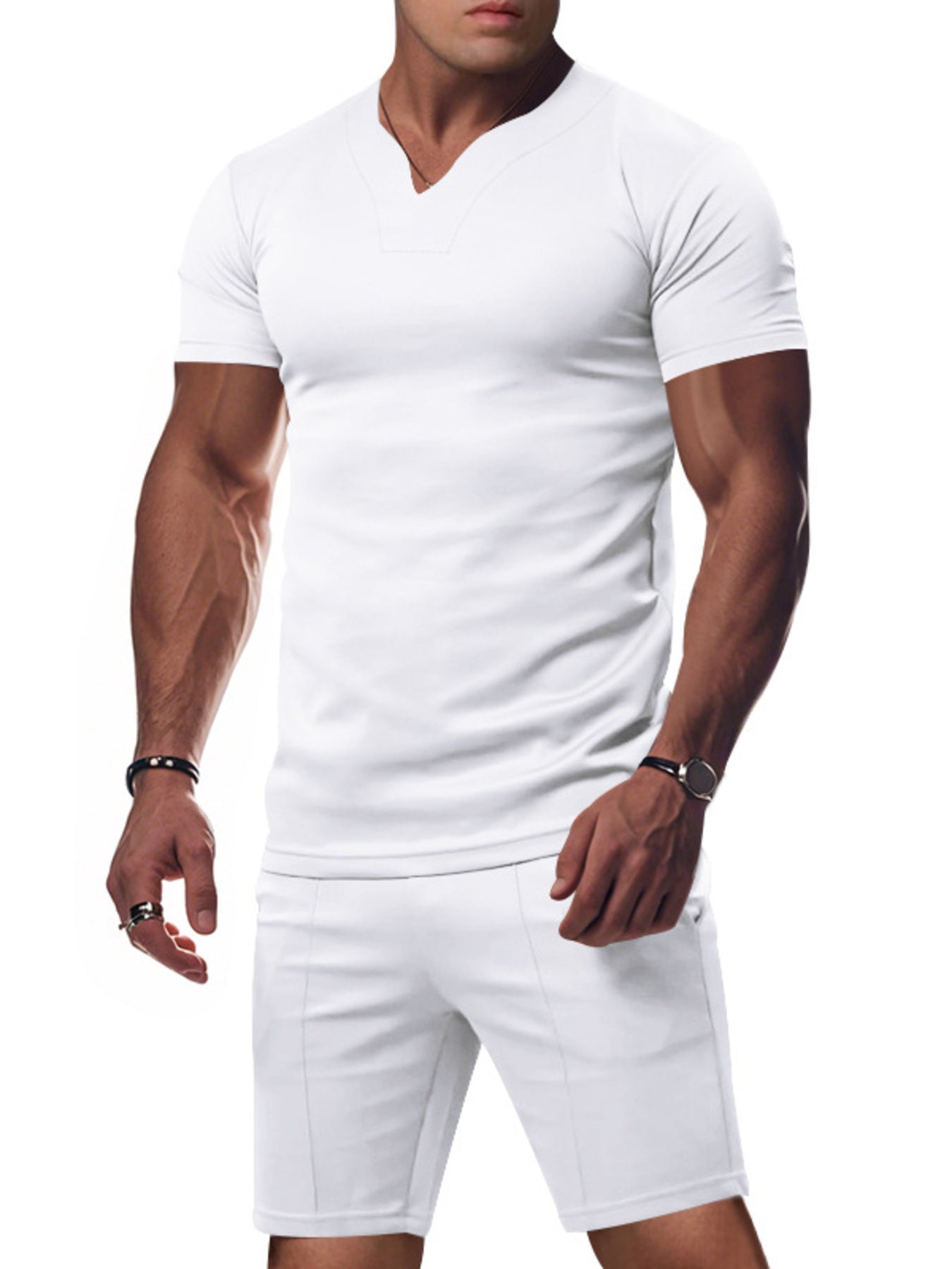 Men's Full Size V-Neck Short Sleeve T-Shirt and Shorts Set Plus Size - cas7m