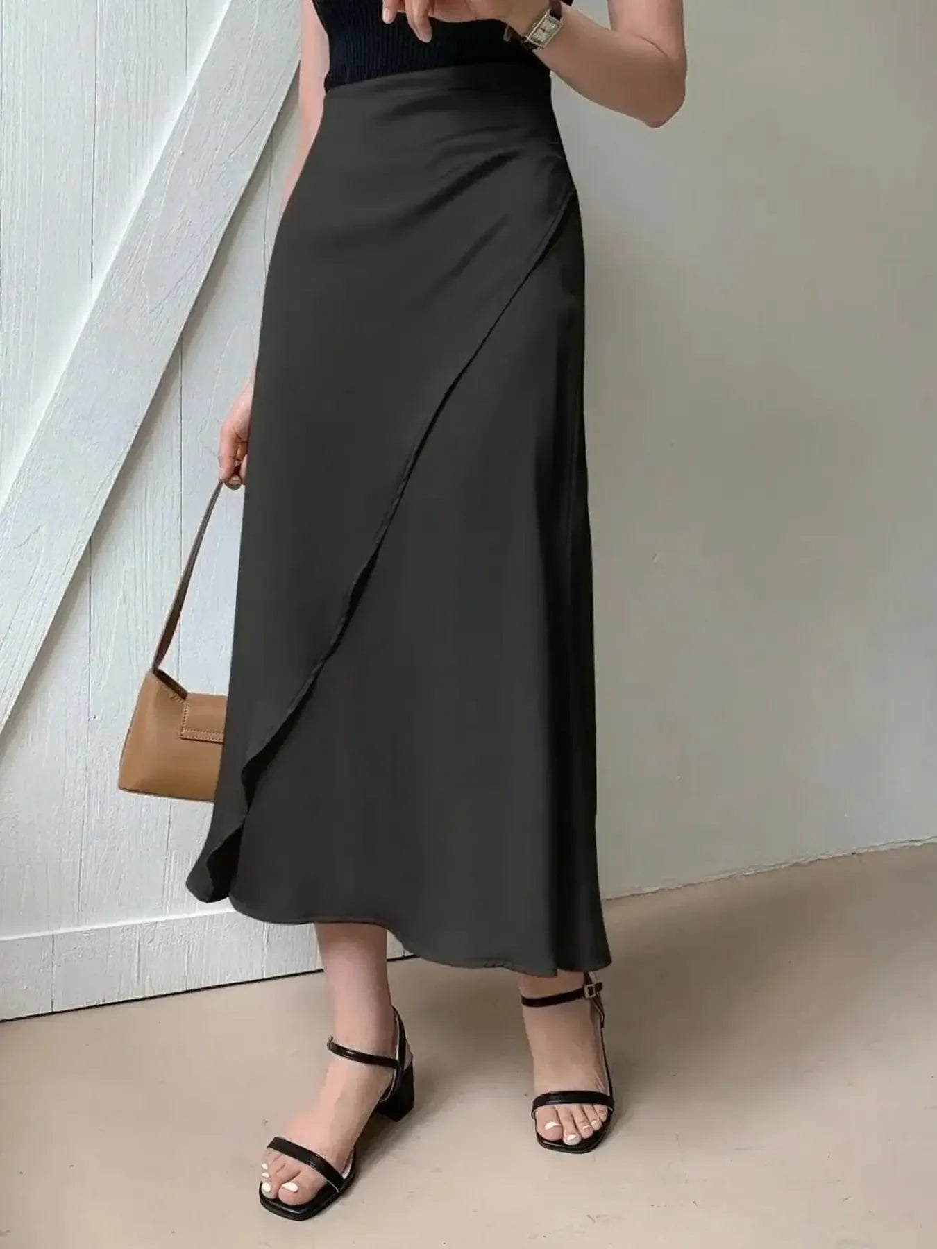 Asymmetric Wrap Midi Skirt with Fluted Hem - cas7m