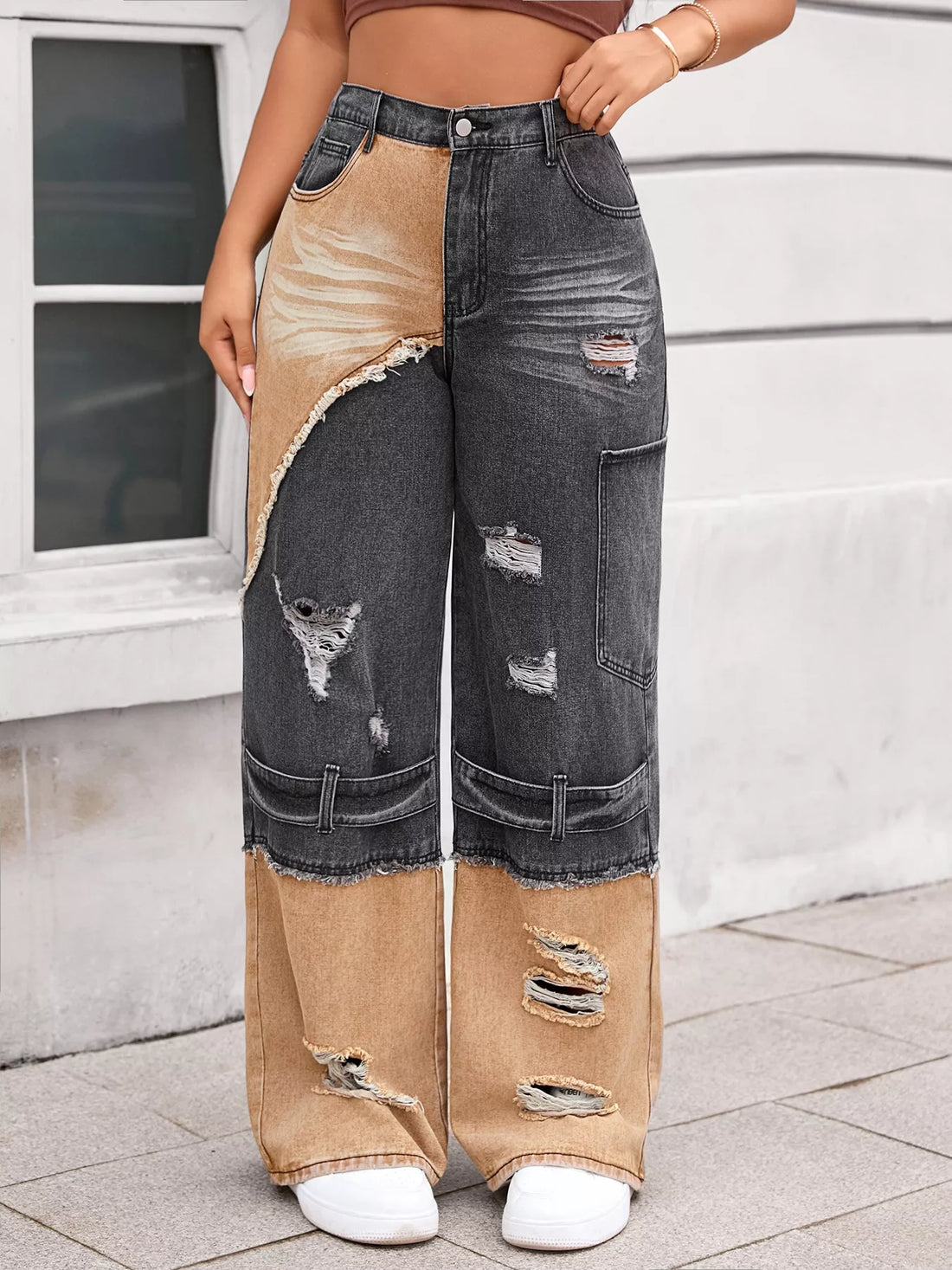 Two-Tone Ripped Wide Leg Jeans - cas7m