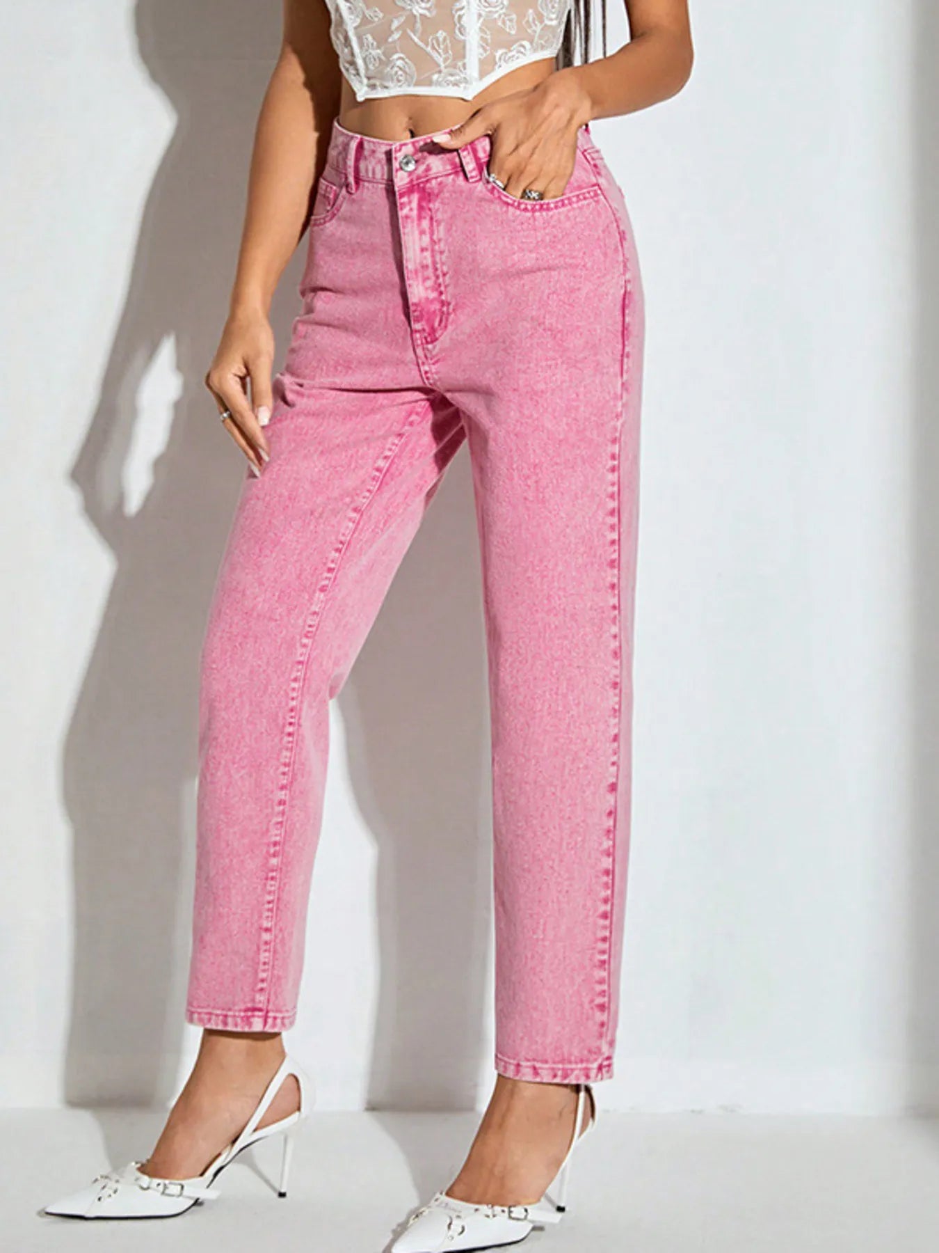 High-Waisted Wash Straight Leg Jeans - cas7m