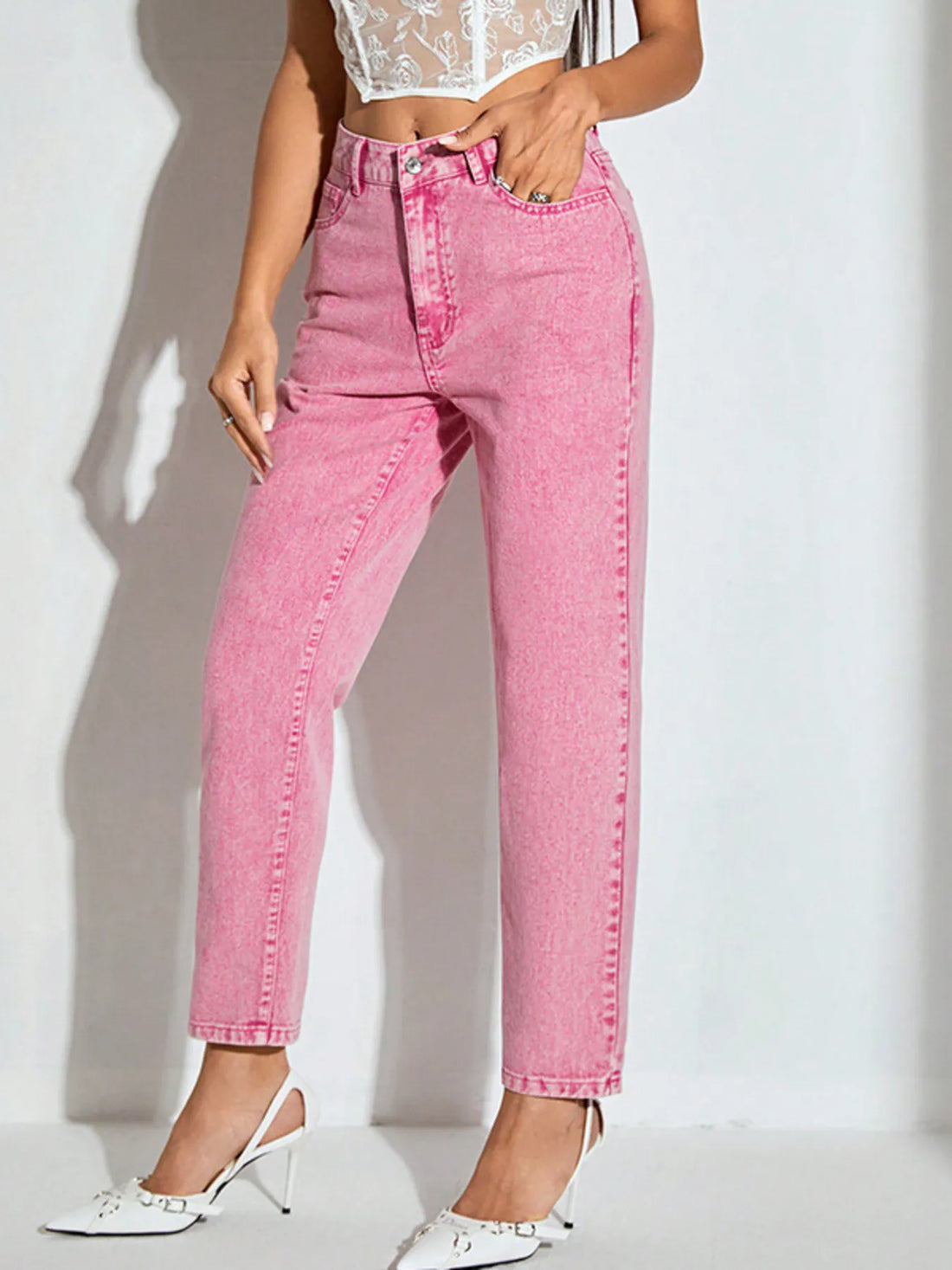 High-Waisted Wash Straight Leg Jeans - cas7m