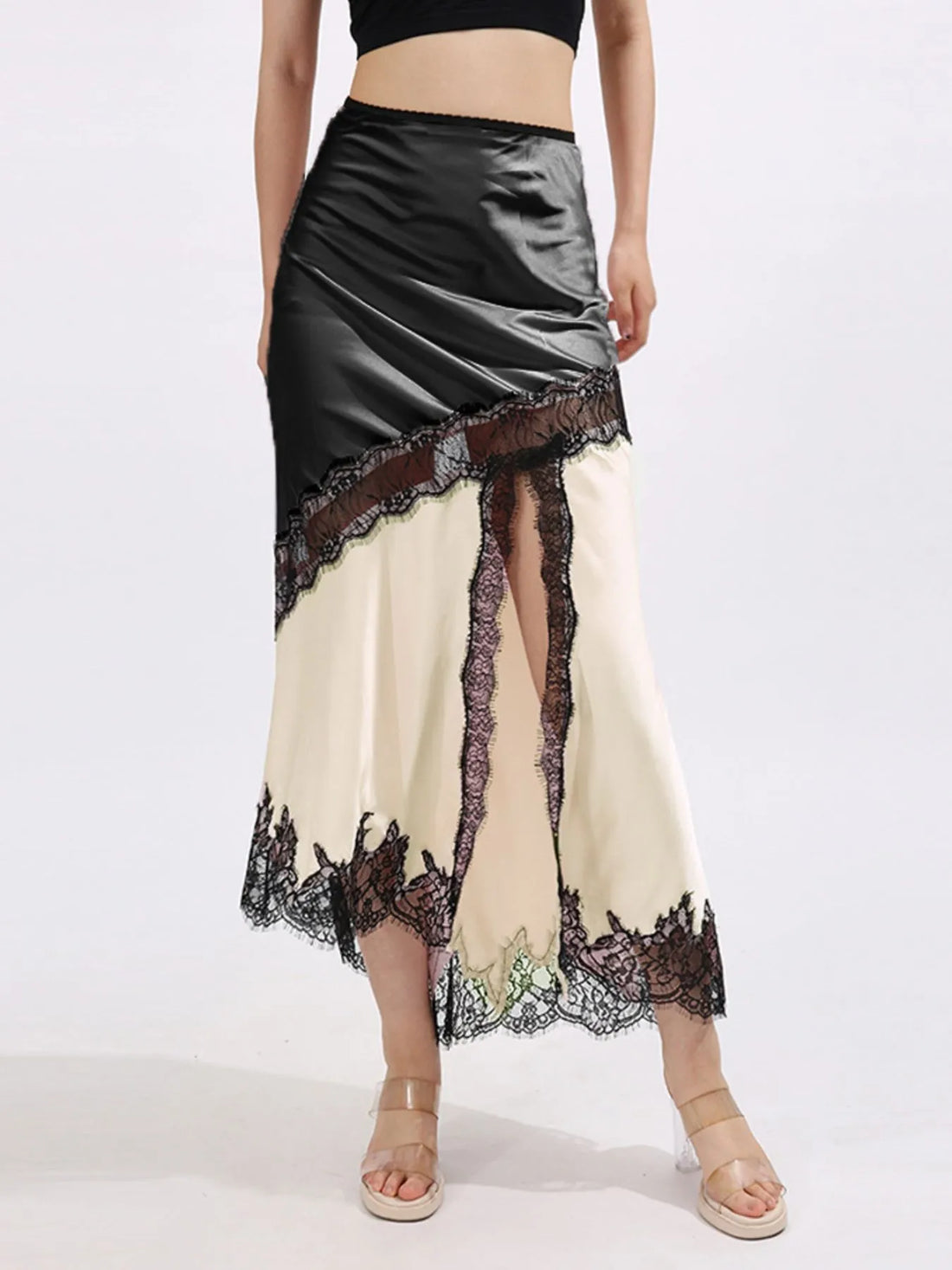 Lace Trim Asymmetrical Midi Skirt - cas7m