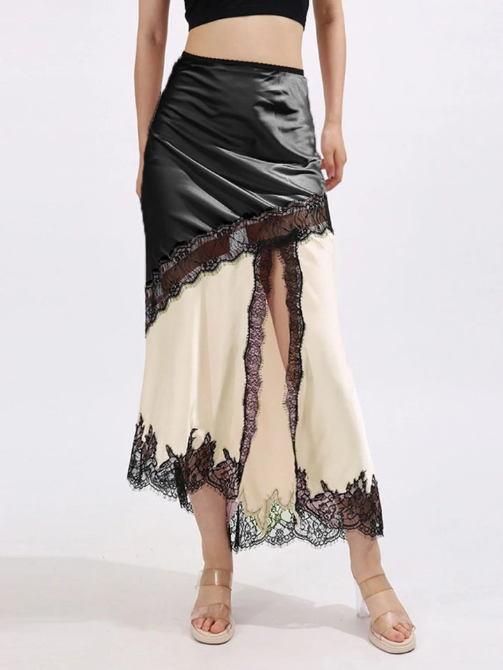 Lace Trim Asymmetrical Midi Skirt - cas7m