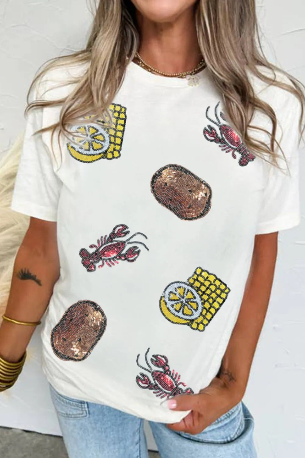 Sequin Crawfish Potato Round Neck Short Sleeve T-Shirt - cas7m