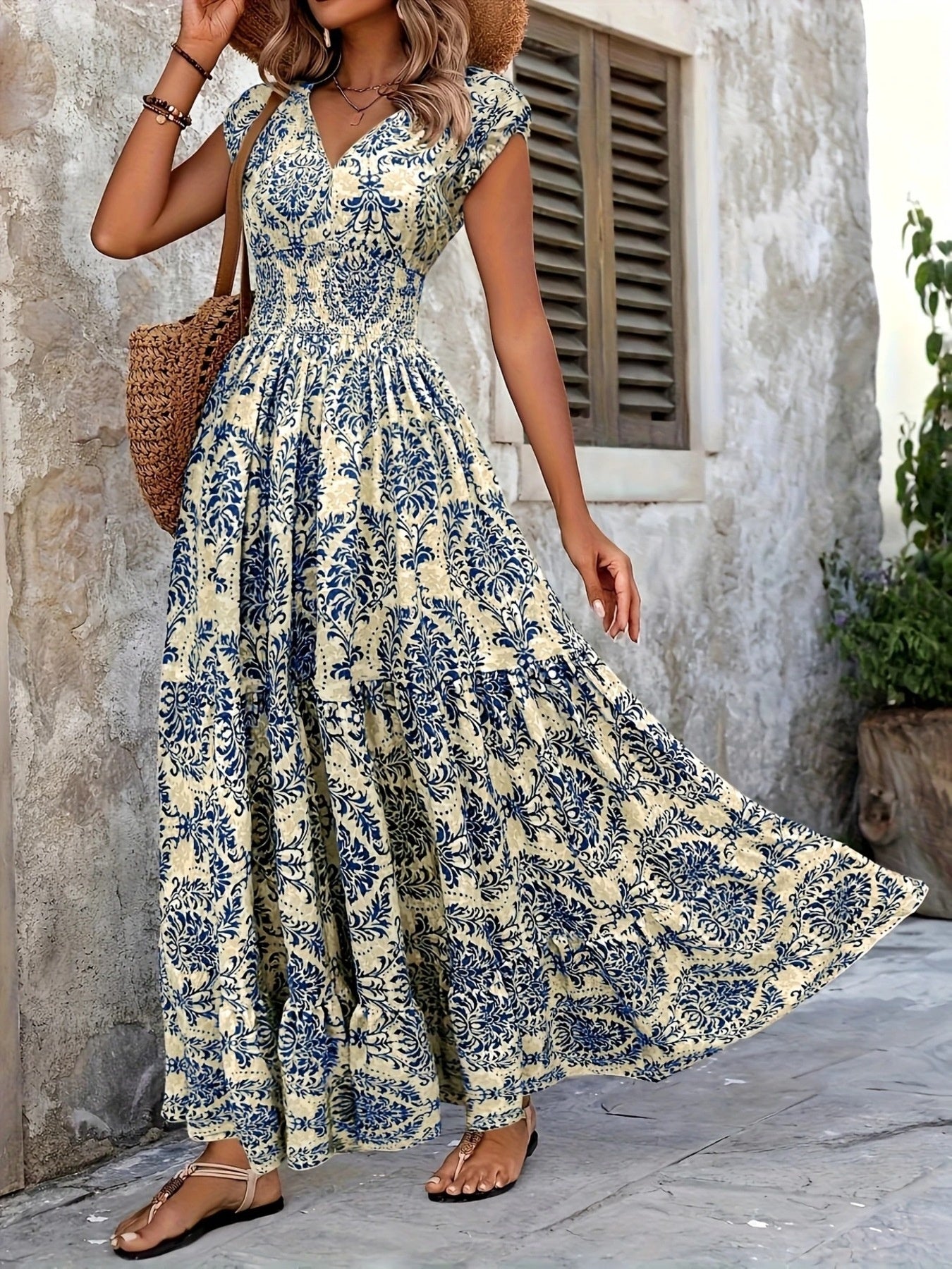 Printed Cap Sleeve Maxi Dress - cas7m