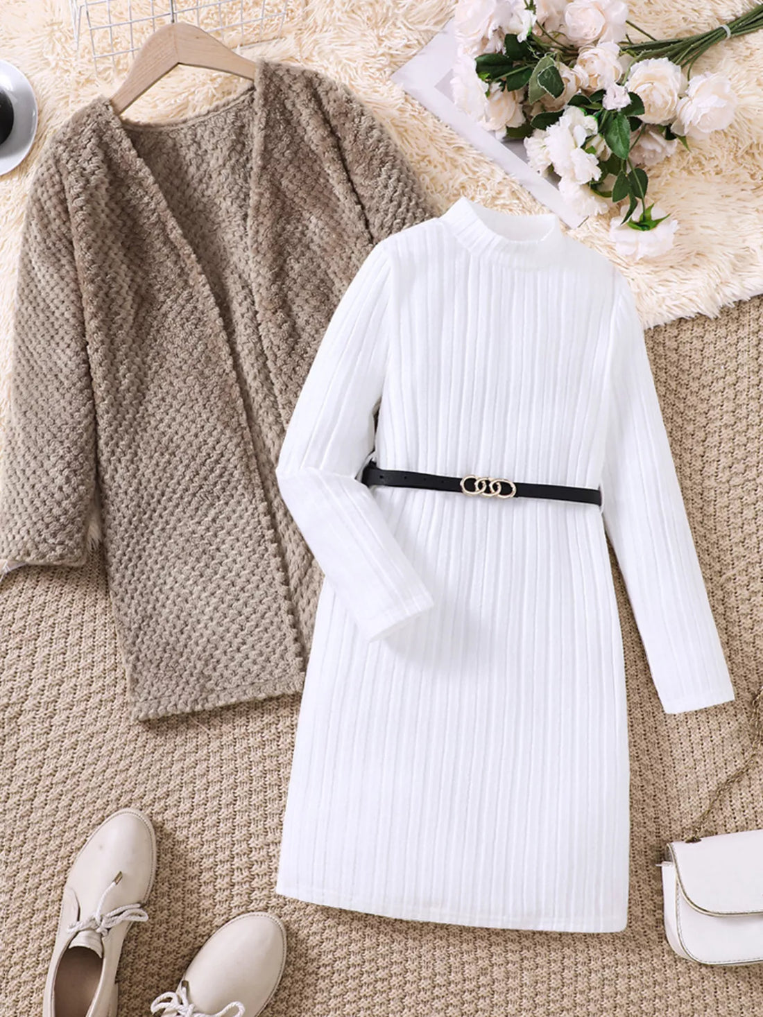 Children's Textured Sweater Dress and Open Front Cardigan Set - cas7m