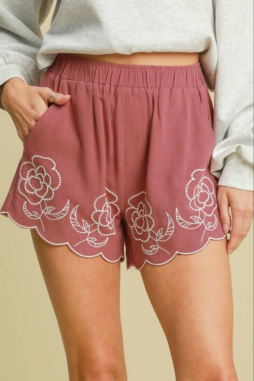 Umgee Full Size Linen Blend Shorts with Floral Embroidered Details - cas7m