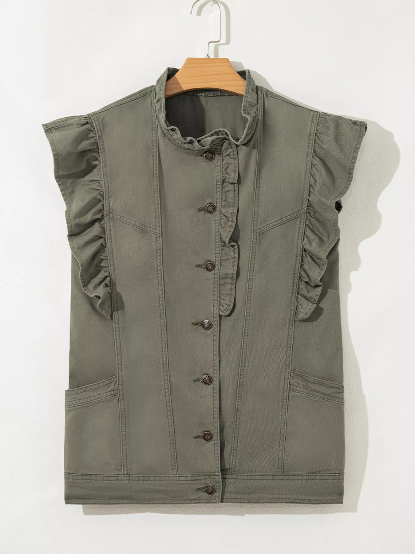 Ruffled Patchwork Denim Jacket Vest - cas7m