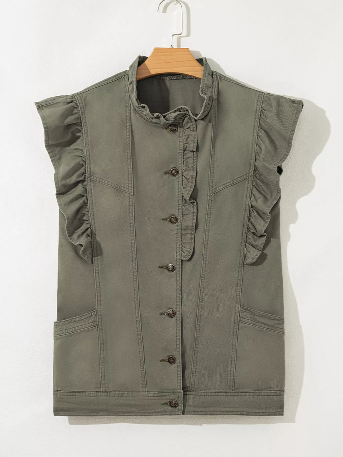 Ruffled Patchwork Denim Jacket Vest - cas7m