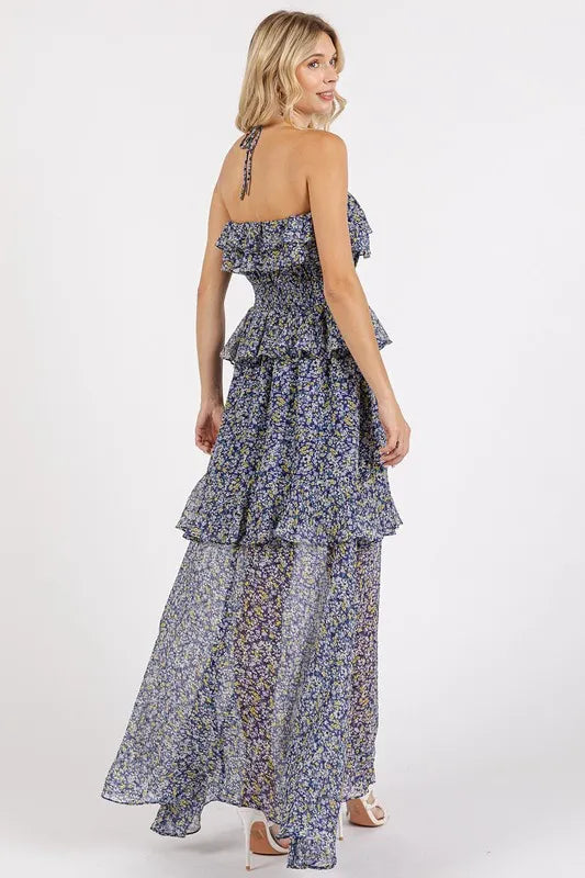 Mittoshop Ruffled Smocked Floral Halter Neck Maxi Dress - cas7m
