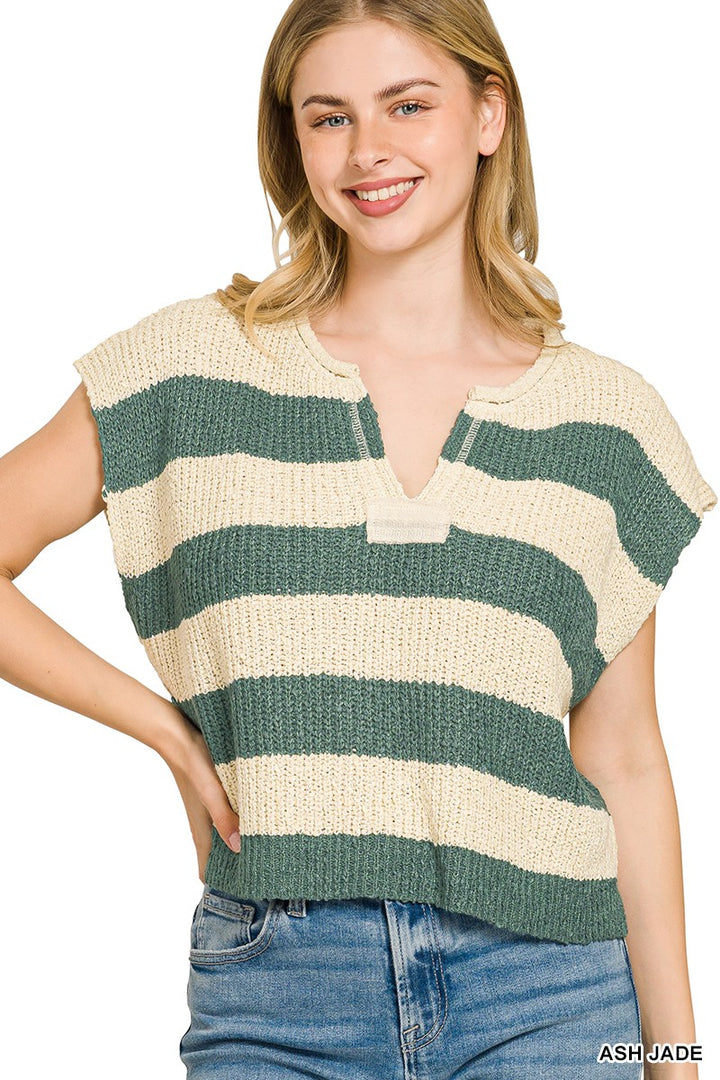 Zenana Split Neck Stripe Sleevless Sweater - cas7m