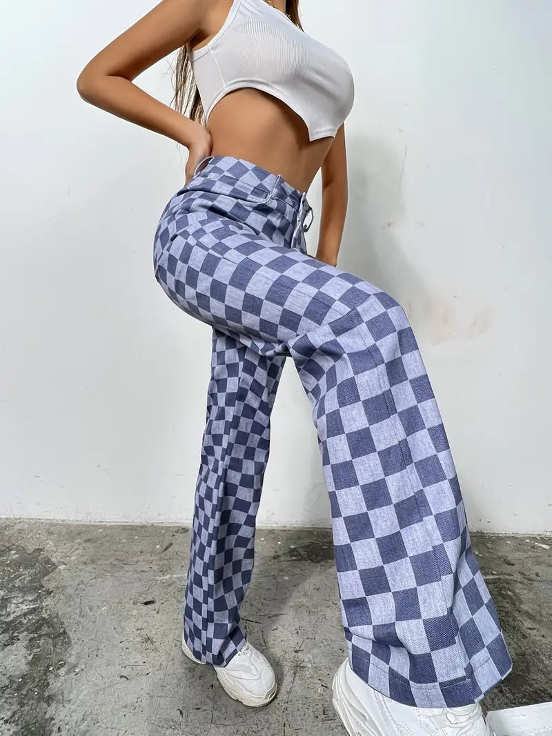 Colorblock Plaid High Waist Wide Leg Denim Jeans