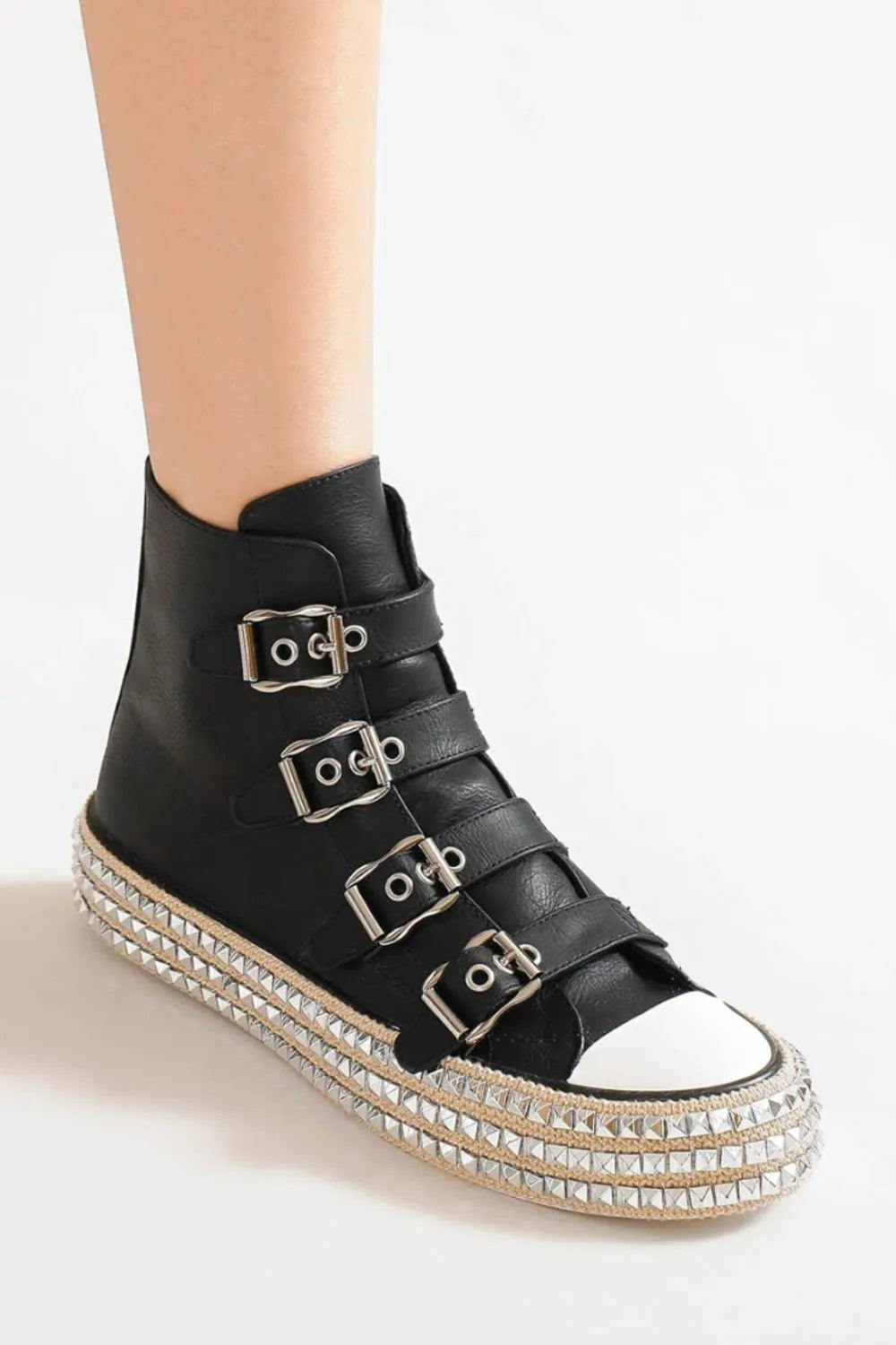 Beast Fashion Multi-Buckle Straps Studded Platform Sneakers - cas7m