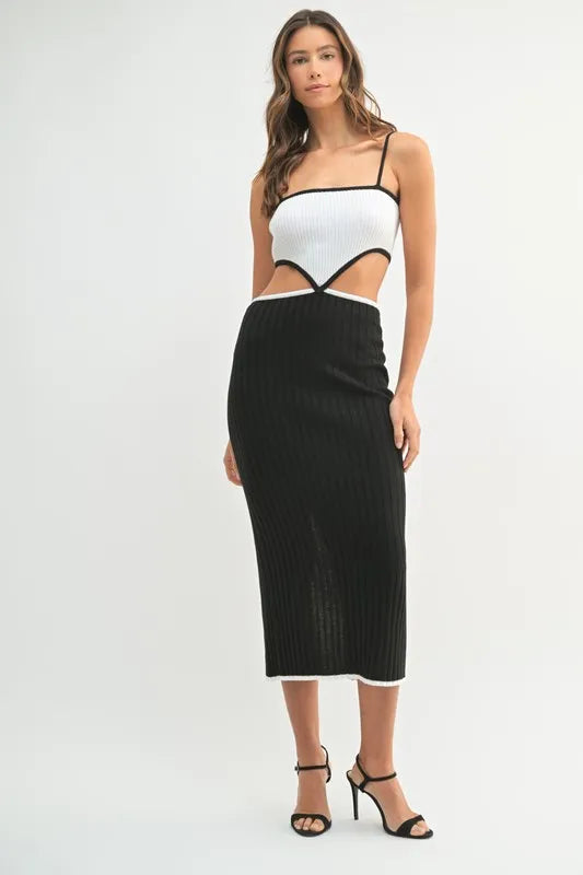 MABLE Ribbed Knit Color Block Cutout Midi Dress - cas7m