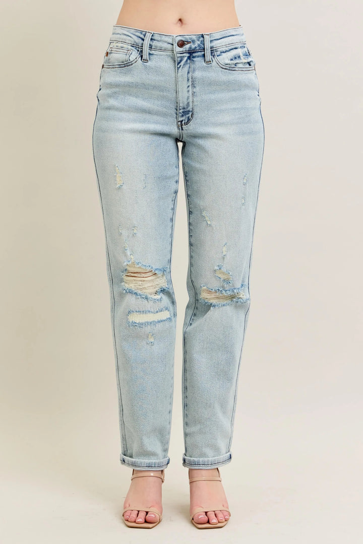 Judy Blue Full Size Mr Repair Stitch Detail Destroy Single Cuff Bf Jeans Plus Size - cas7m