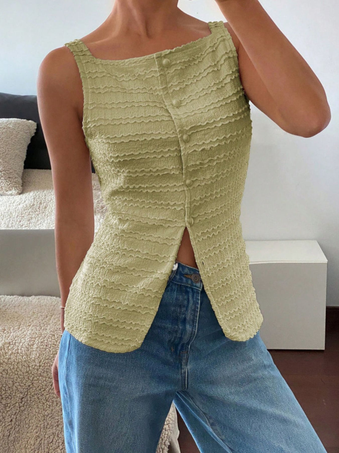 Textured Button-Front Tank - cas7m