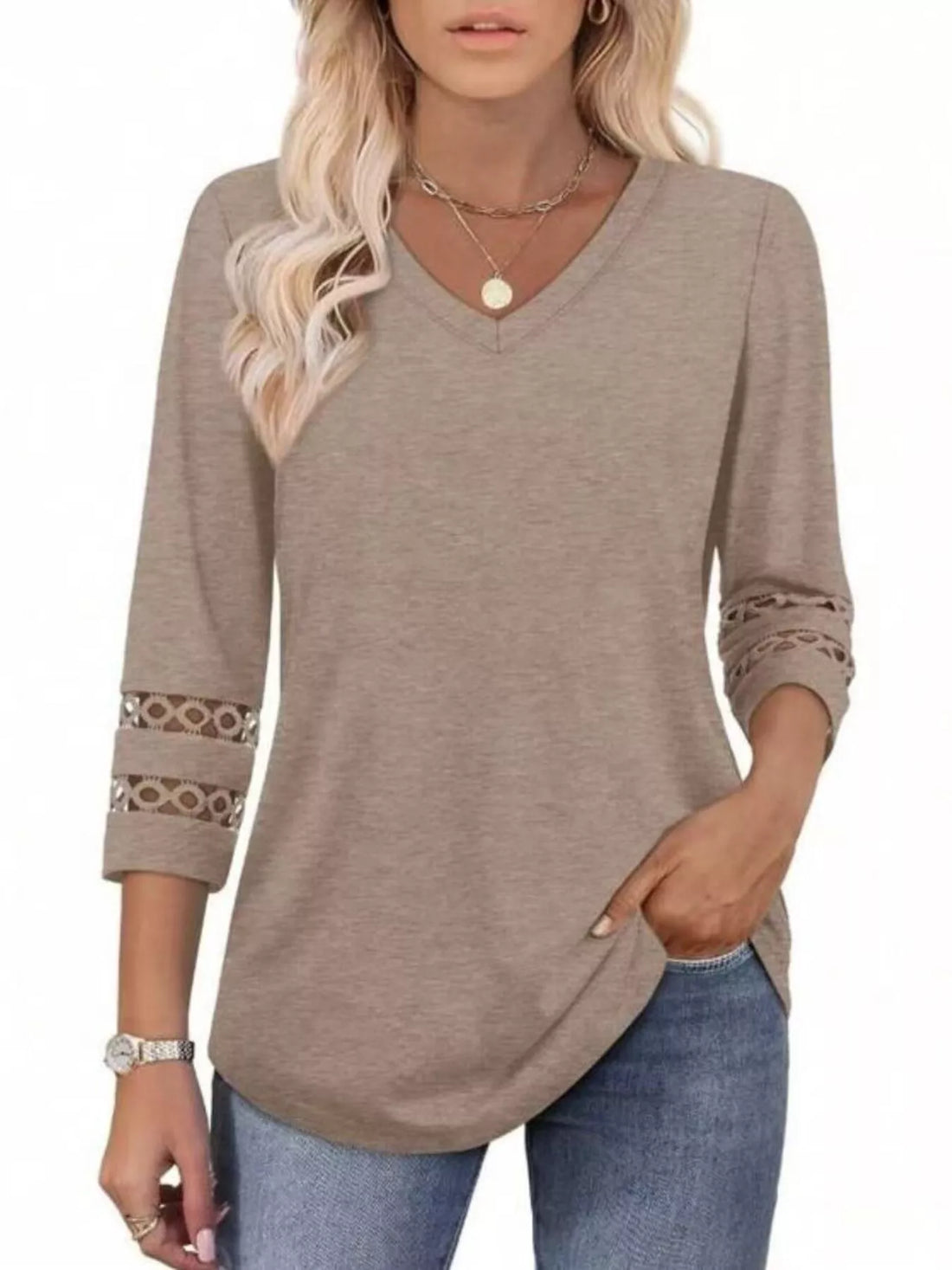 Full Size V-Neck 3/4 Sleeve T-Shirt Plus Size - cas7m