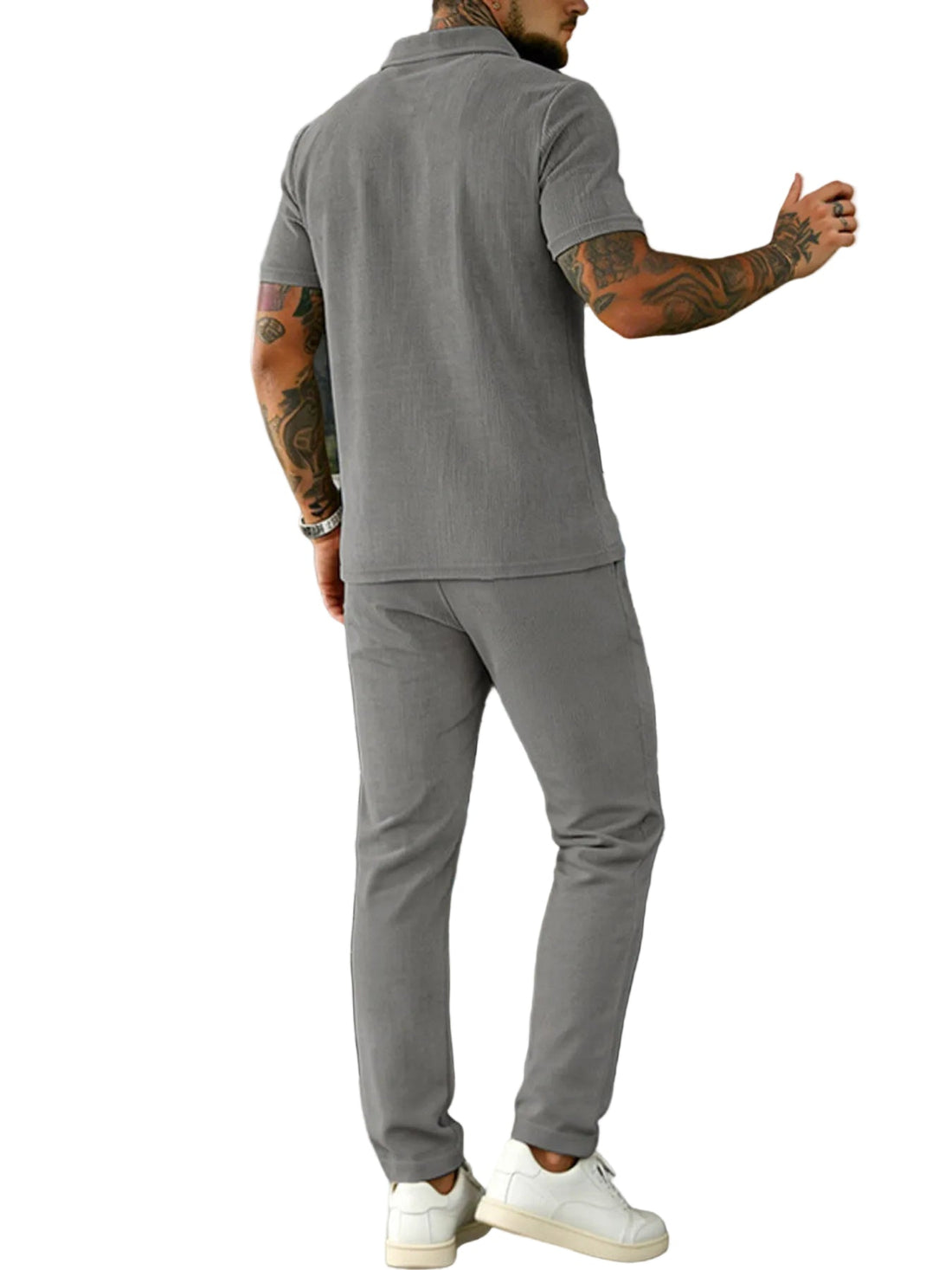 Men's Full Size Casual Zipper Polo Shirt and Drawstring Pants Set Plus Size - cas7m