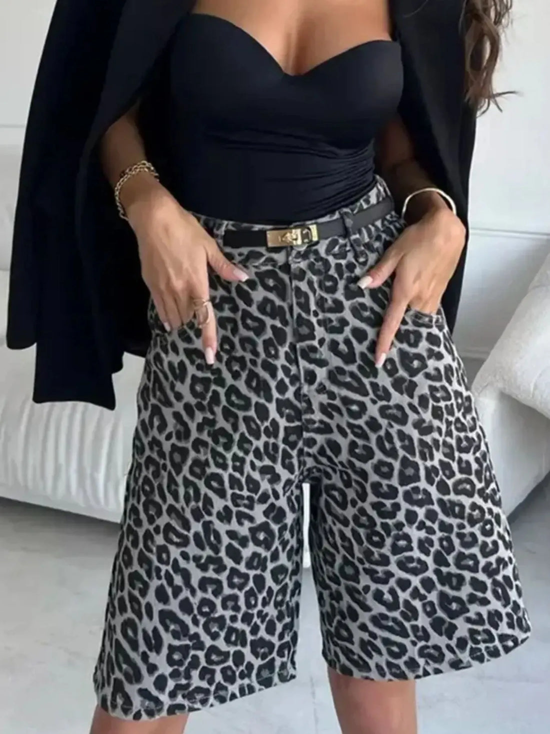 Leopard Print High-Waisted Casual Shorts - cas7m