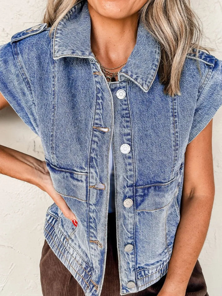 Button Up Cap Sleeve Denim Jacket - cas7m