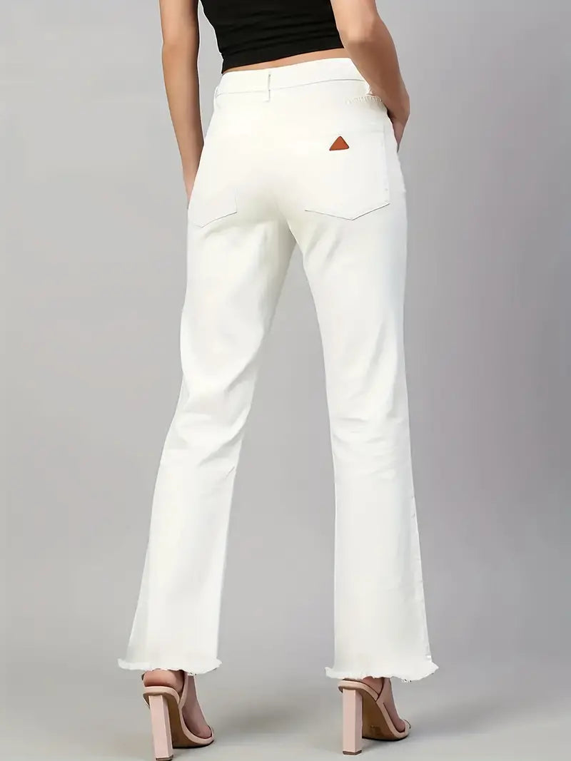 High Waist White Raw Hem Wide Leg Denim Jeans