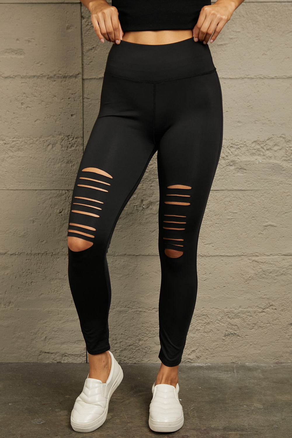 Wide Waistband Distressed Slim Fit Leggings - cas7m