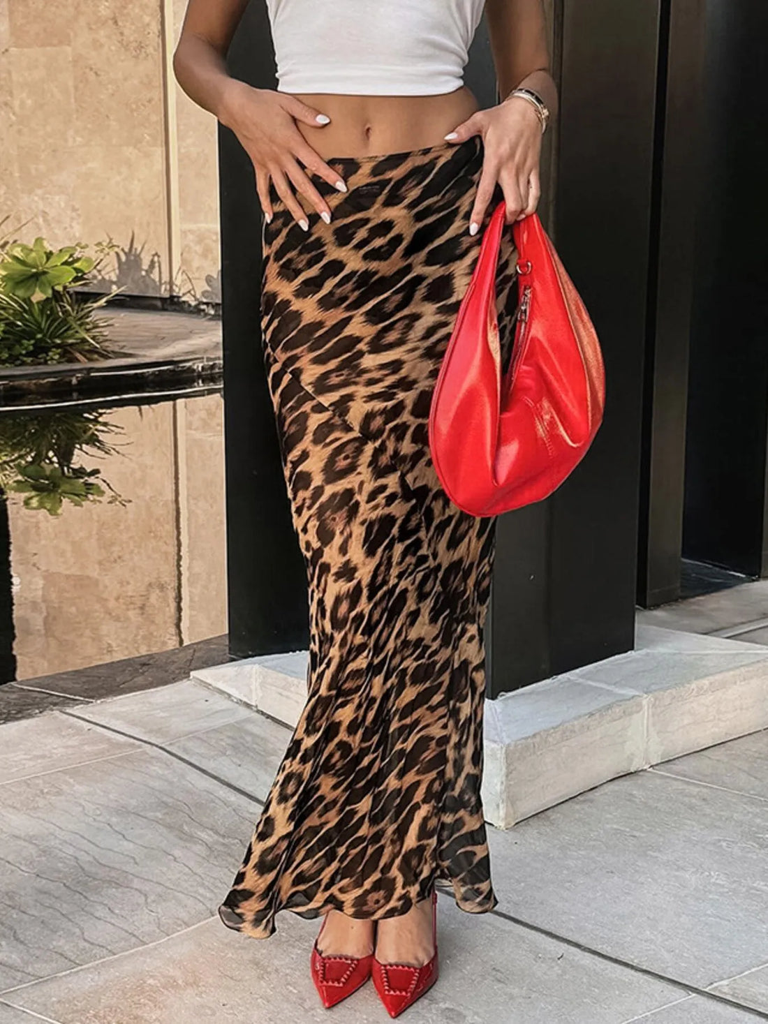 Leopard Print High Waist Flare Maxi Skirt - cas7m