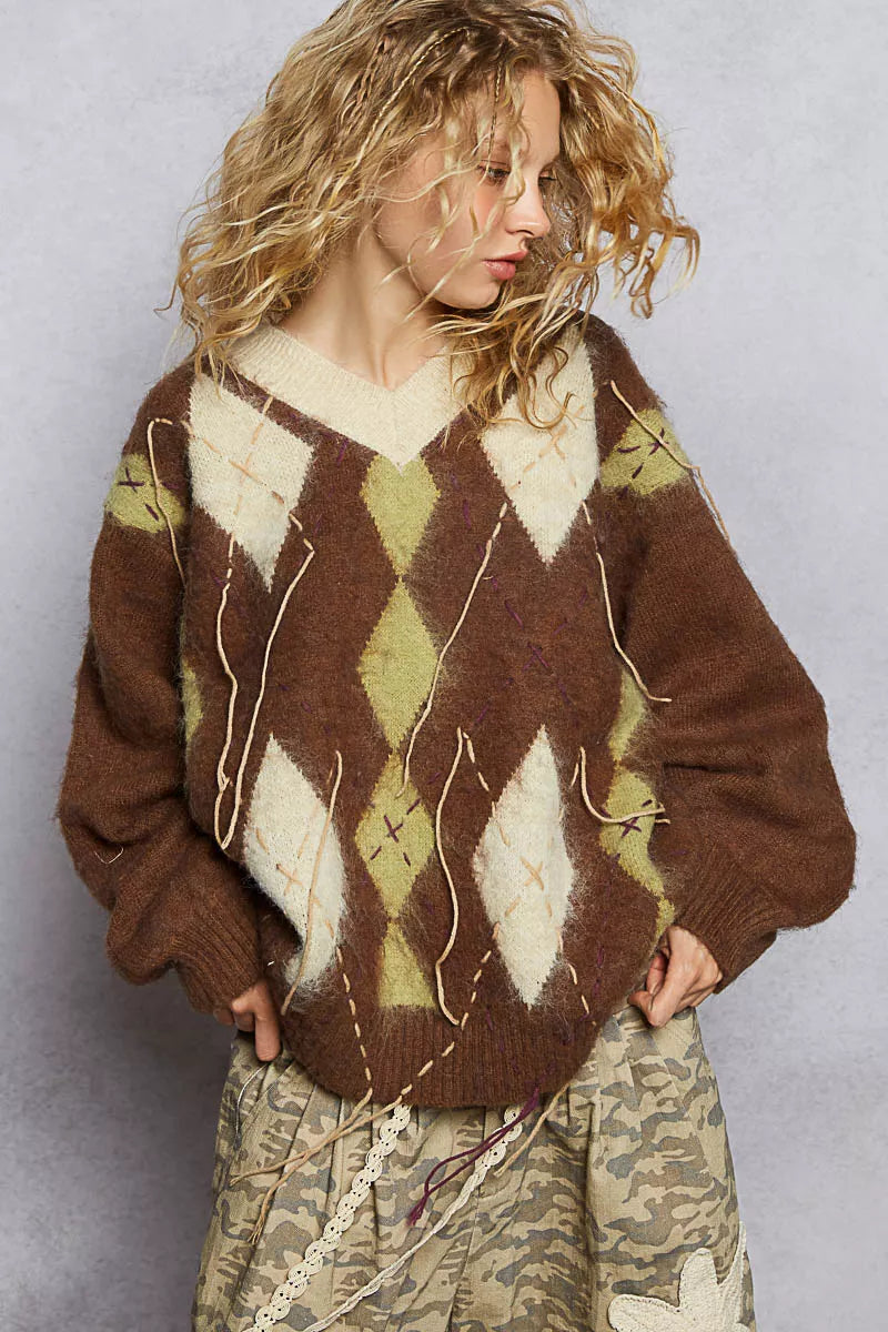 POL V-Neck Argyle Pattern Mohair Sweater with Contrast Exposed Stitch Detail - cas7m