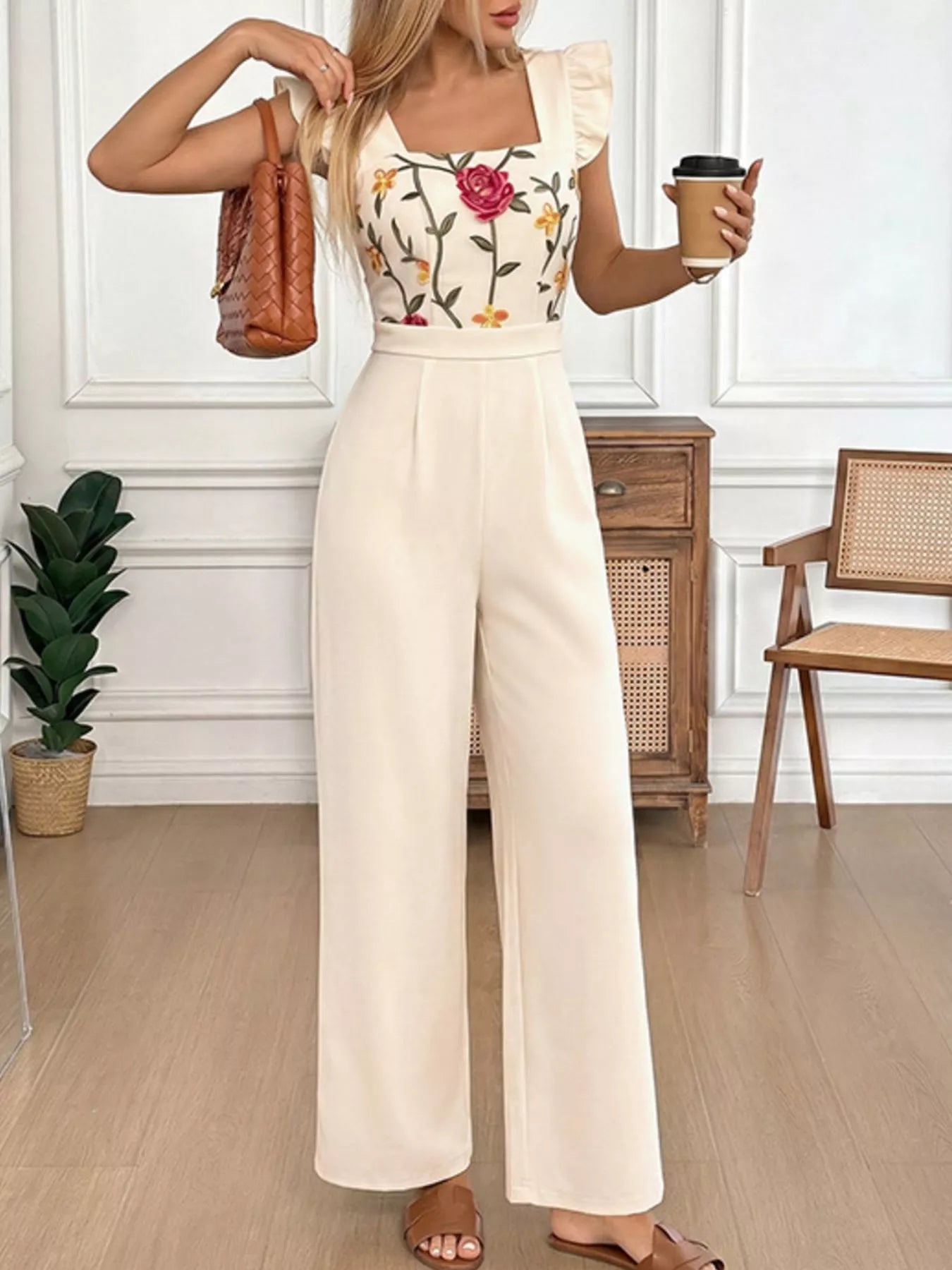 Floral Embroidered Ruffle Trim Jumpsuit - cas7m