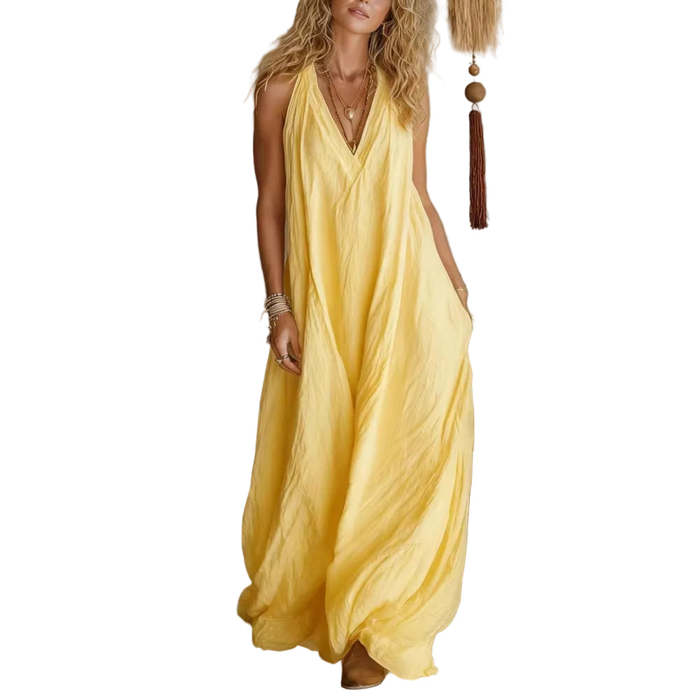 Casual Sleeveless V-Neck Loose Fit Long Dress with Pockets Summer Flowy Daily Wear - Dark Green / 2XL - cas7m