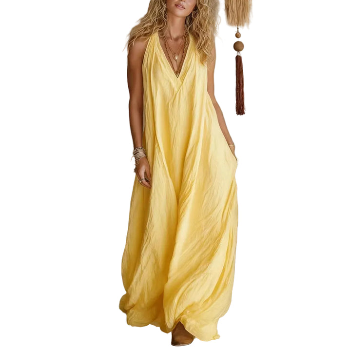 Casual Sleeveless V-Neck Loose Fit Long Dress with Pockets Summer Flowy Daily Wear - Dark Green / 2XL - cas7m