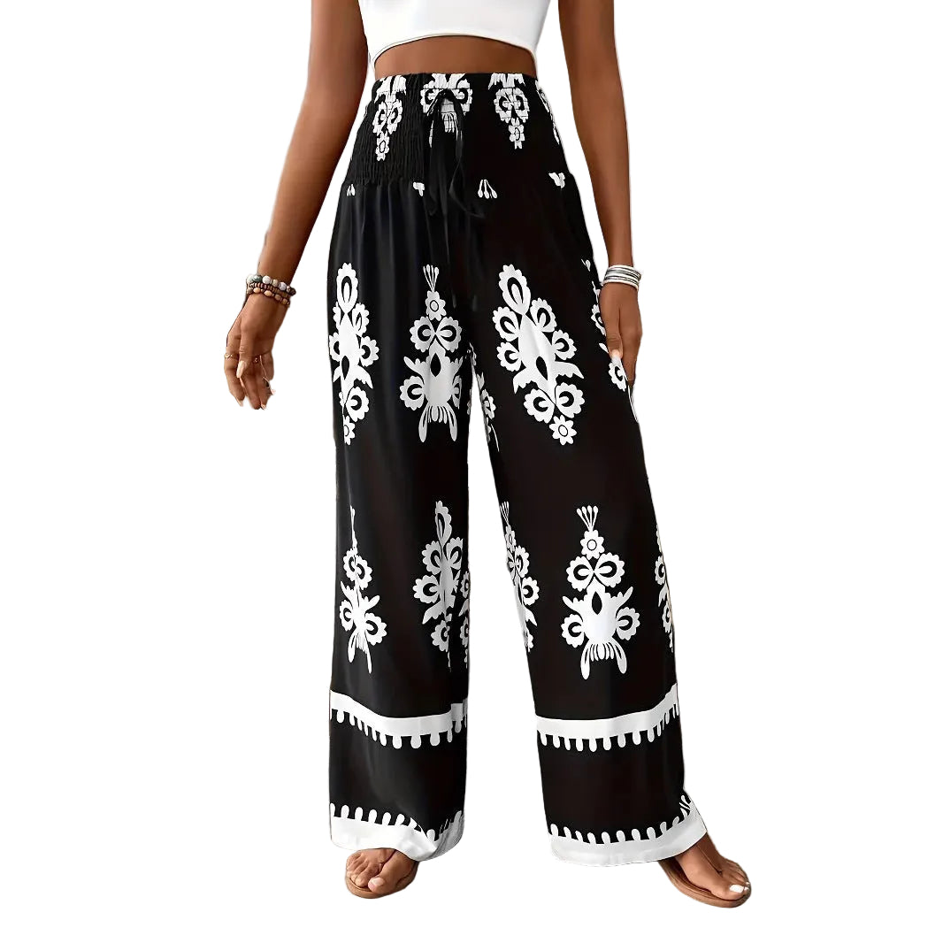 Women's 3D Pattern Lace-up Casual High Waist Print Wide-leg Pants - cas7m