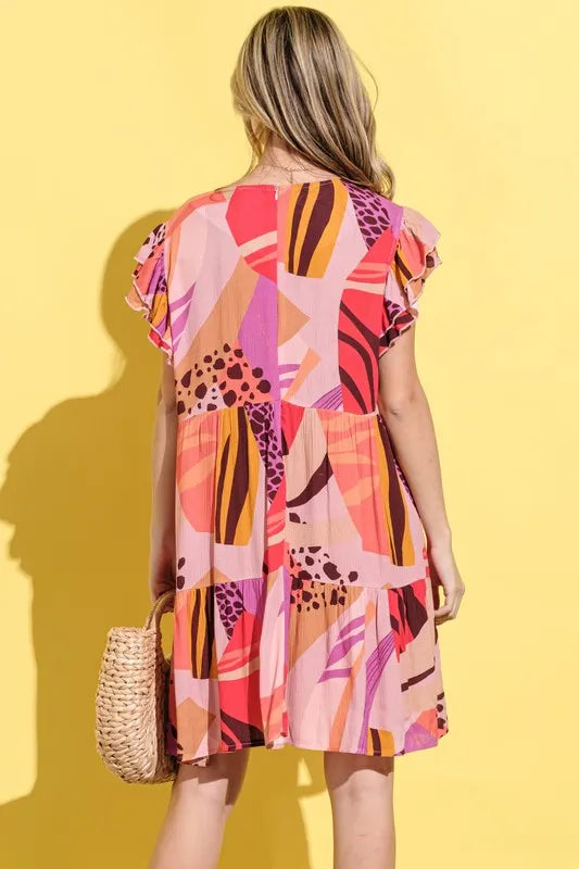 And The Why Printed Double Ruffles Sleeve Dress - cas7m