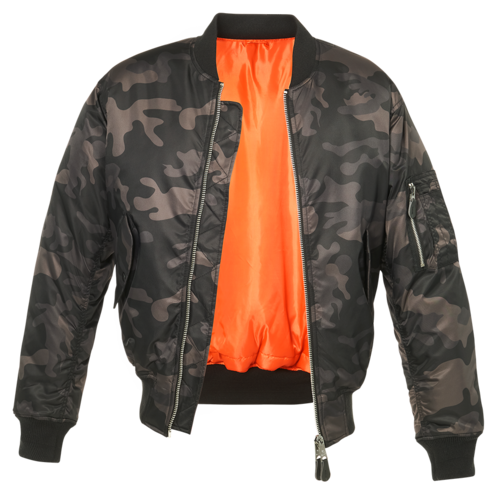 The Callisto MA1 Camo Jacket is a black and gray camouflage pilot jacket made from wind and water repellent nylon, with a bright orange lining, front zipper, ribbed cuffs and collar, shown on a plain white background.