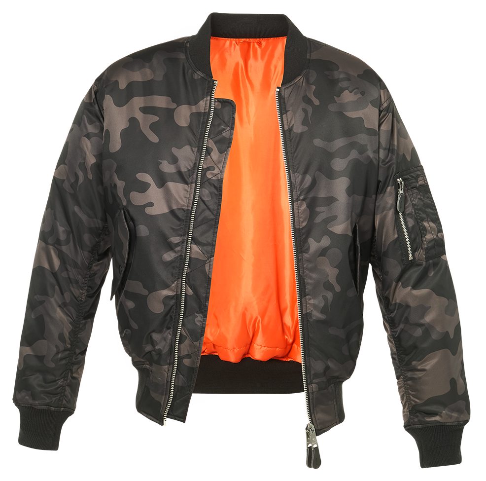 The Callisto MA1 Camo Jacket features a black and dark green camouflage design, bright orange lining, front zipper, ribbed cuffs and hem, zippered sleeve pocket, and wind- and water-repellent nylon material.