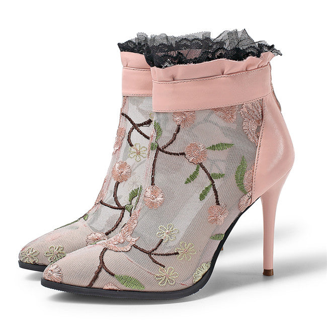 Pointed Toe High Heels with Embroidered Mesh Boots