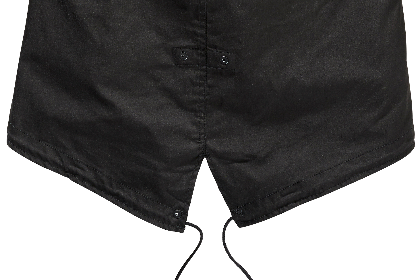 Close-up of the bottom hem of the Callisto M51 US Parka Jacket, showing its black military style with a pointed fishtail design, two snap buttons, and adjustable drawstrings hanging down.