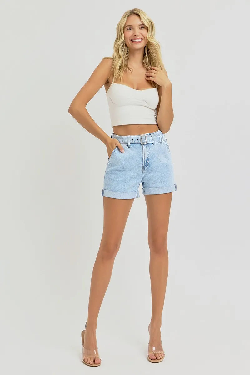 RISEN Full Size High Rise Belted Roll Up Shorts Plus Size - cas7m