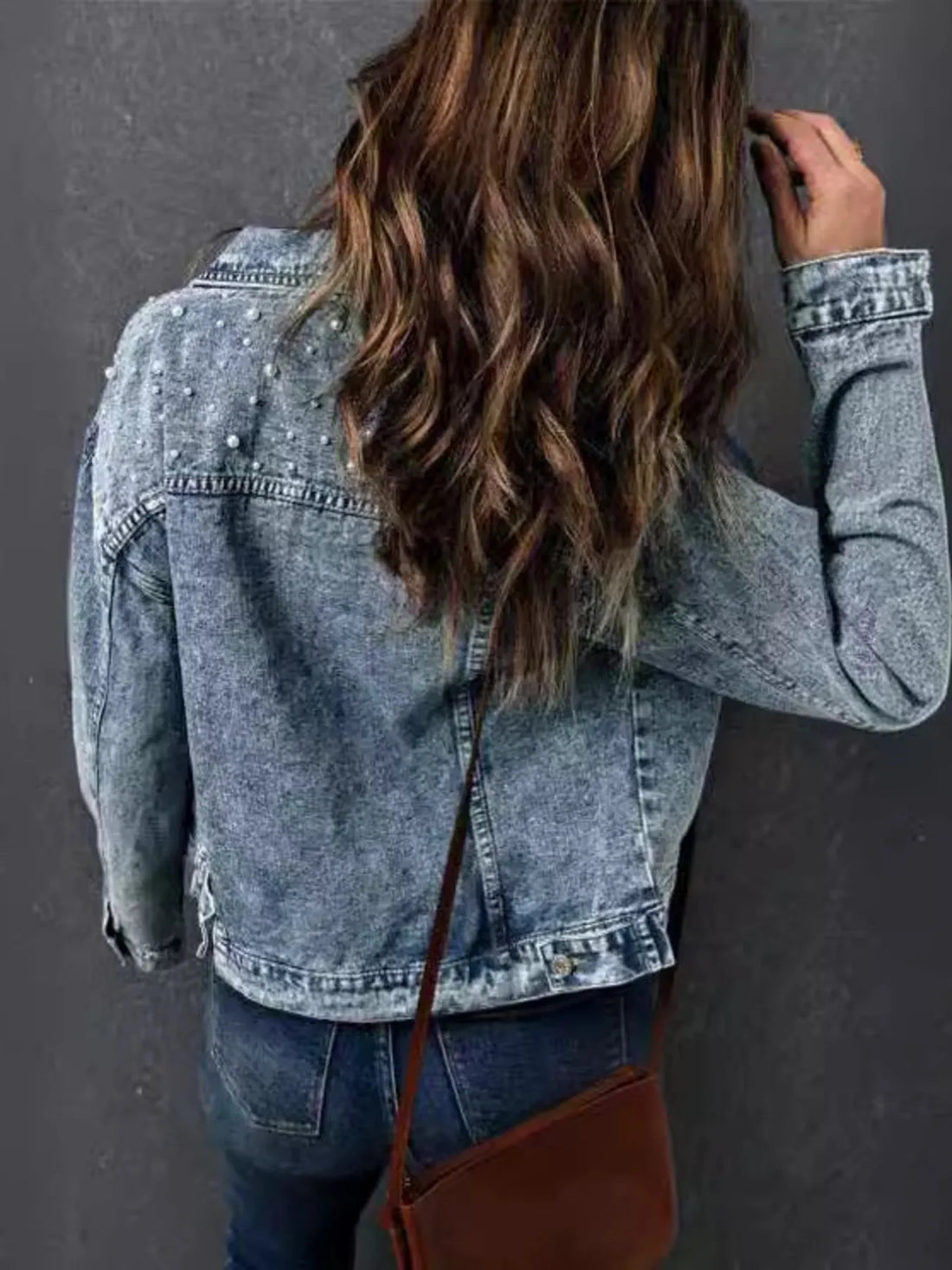 Full Size Pearl Detail Button Up Long Sleeve Denim Jacket Plus Size - cas7m
