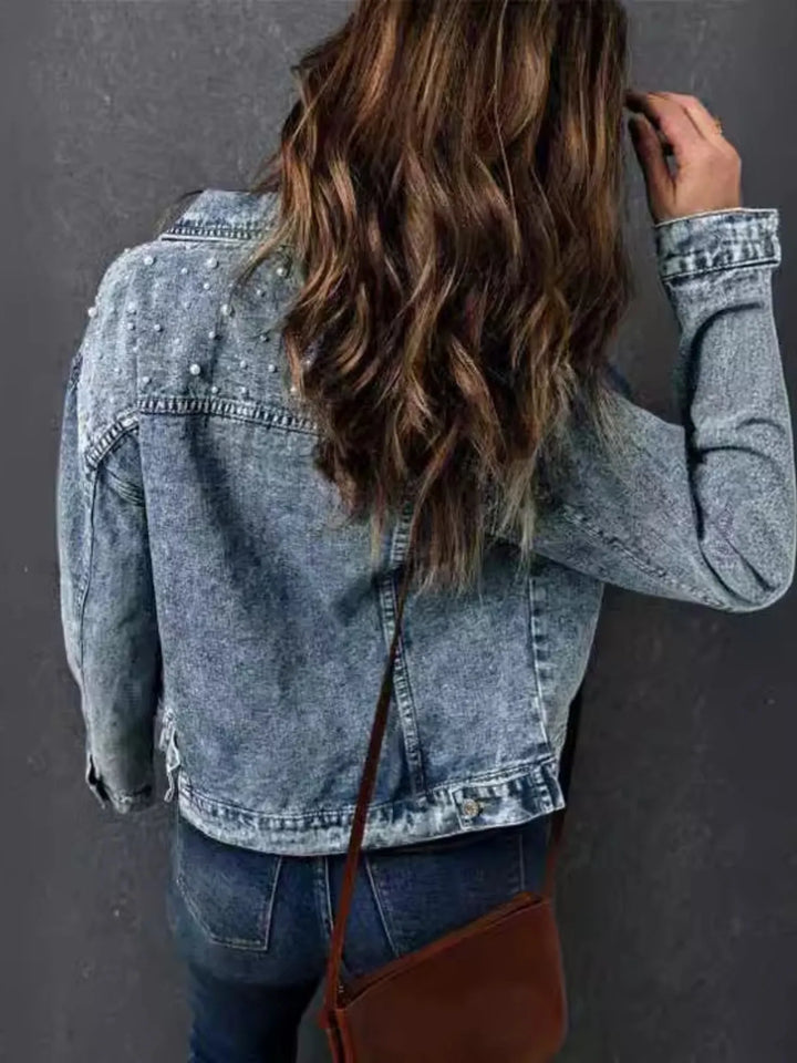Full Size Pearl Detail Button Up Long Sleeve Denim Jacket Plus Size - cas7m