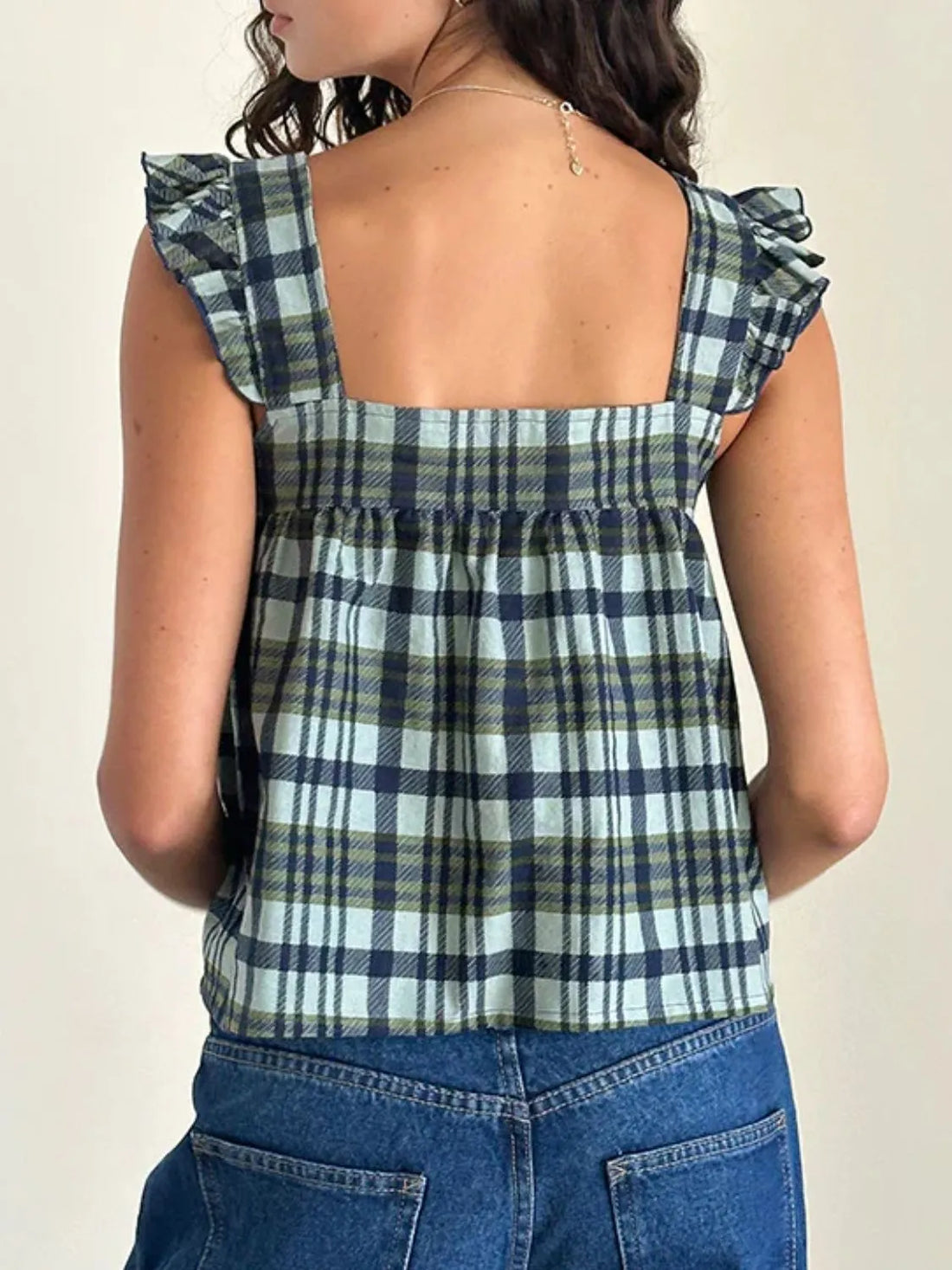 Ruffled Plaid Square Neck Tank - cas7m