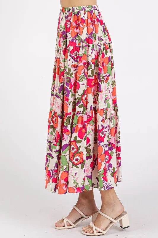 Mittoshop Flower Print Elastic Waist Tiered Skirt - cas7m