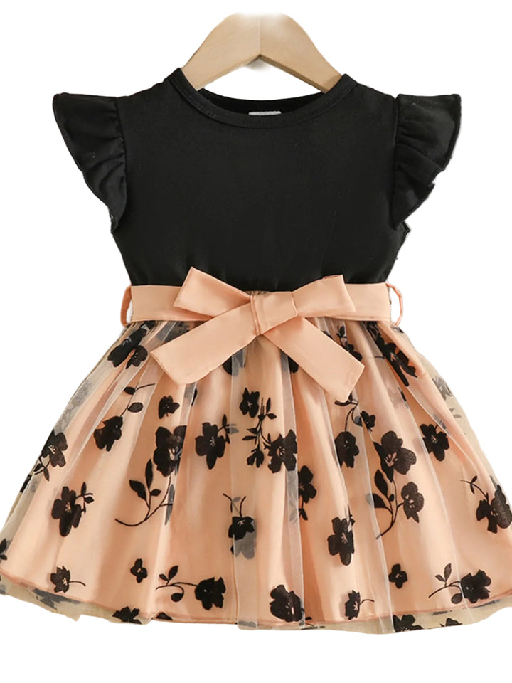 Children's Floral Print Mesh Bowknot Toddler Dress - cas7m