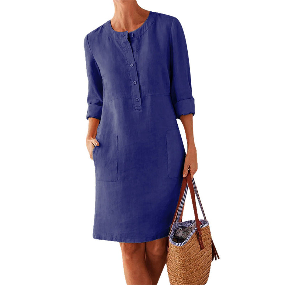 Plus Size Women's Cotton And Linen Round Neck Long Sleeve Dress - cas7m