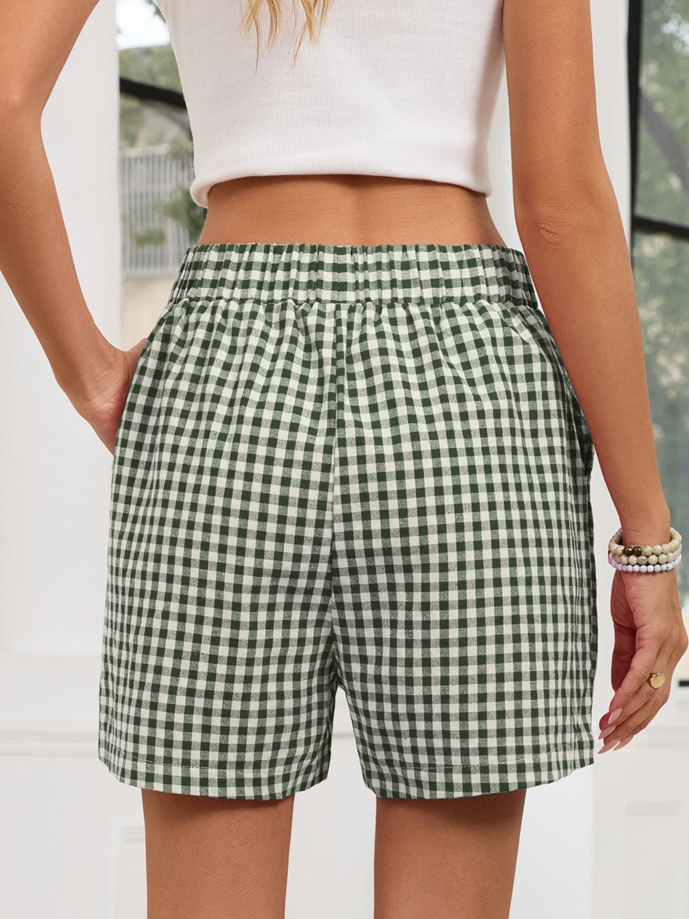 Gingham Elastic Waist Casual Shorts - cas7m